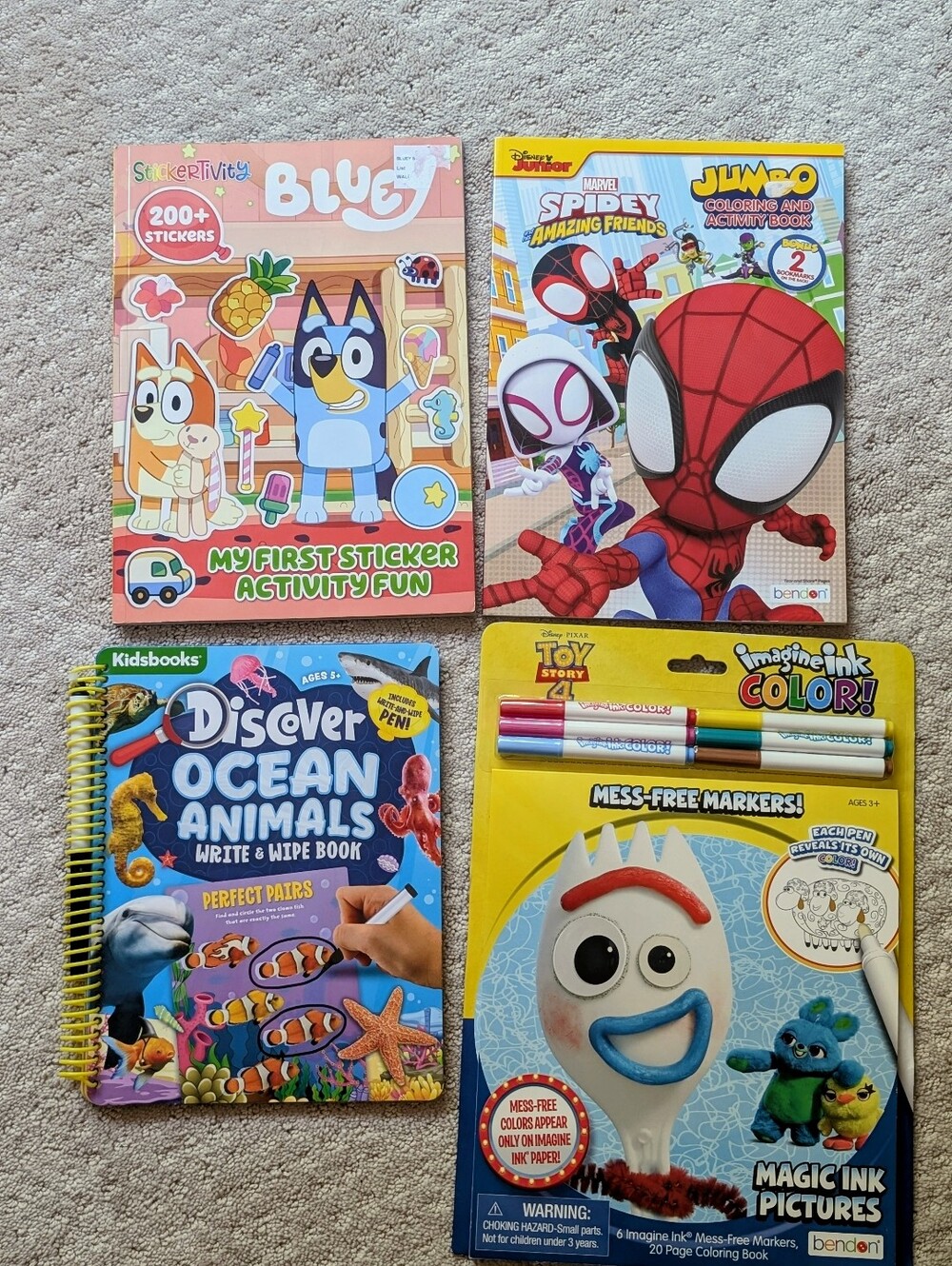 Four New Coloring Workbooks - Bluey, Toy Story Imagine Ink, Spidey
